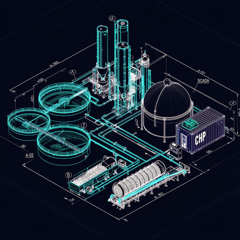 Интегрирана индустриална площадка Eco Max Bio: ПСОВ с кръгли утаители, скрубери, биогаз дигестер с CHP когенерация и компостираща инсталация